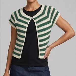SHEIN Green and Cream Striped Short Sleeve Crochet Cardigan